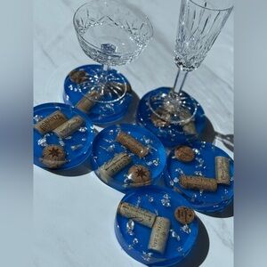 Set of 6 handmade translucent blue Resin Coasters with Corks and Silver Accents